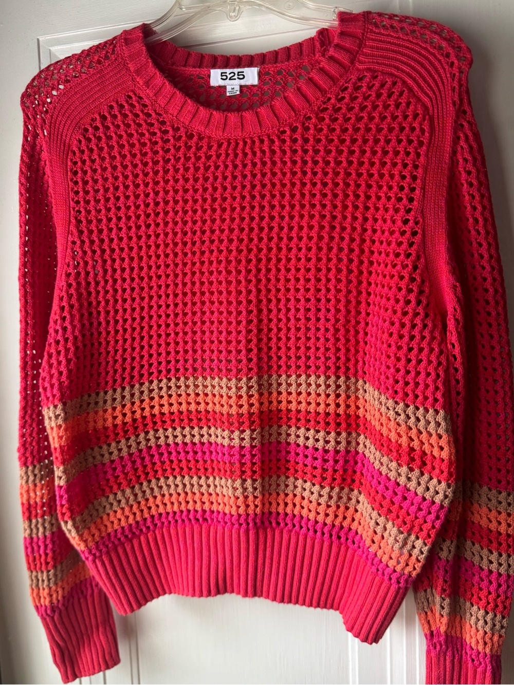 525 America Coral Pink Open-Knit Stripe Sweater